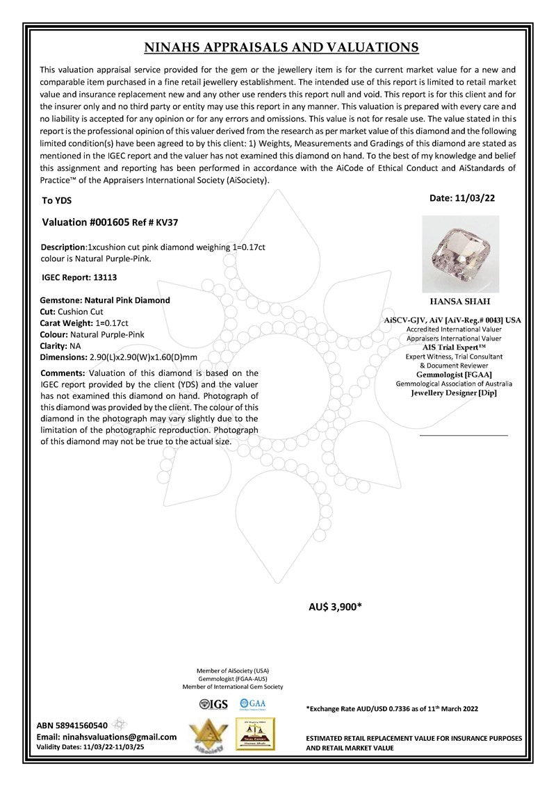 0.17CT CERTIFIED NATURAL PINK DIAMOND