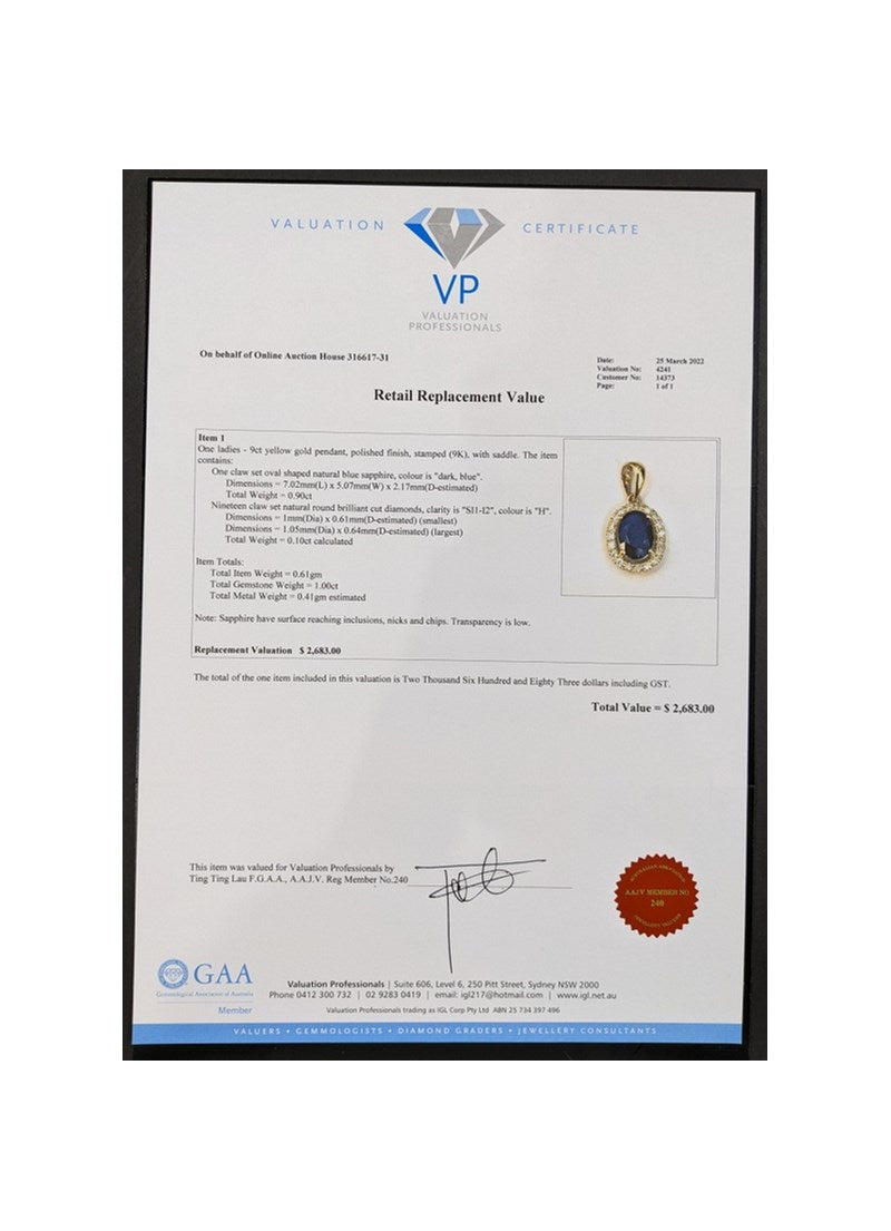 9CT YELLOW GOLD DIAMOND & SAPPHIRE PENDANT