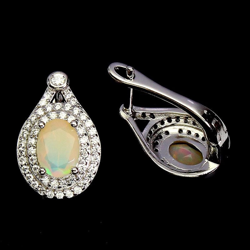 14CT WHITE GOLD, NATURAL RAINBOW FIRE OPAL & WHITE TOPAZ EARRINGS.