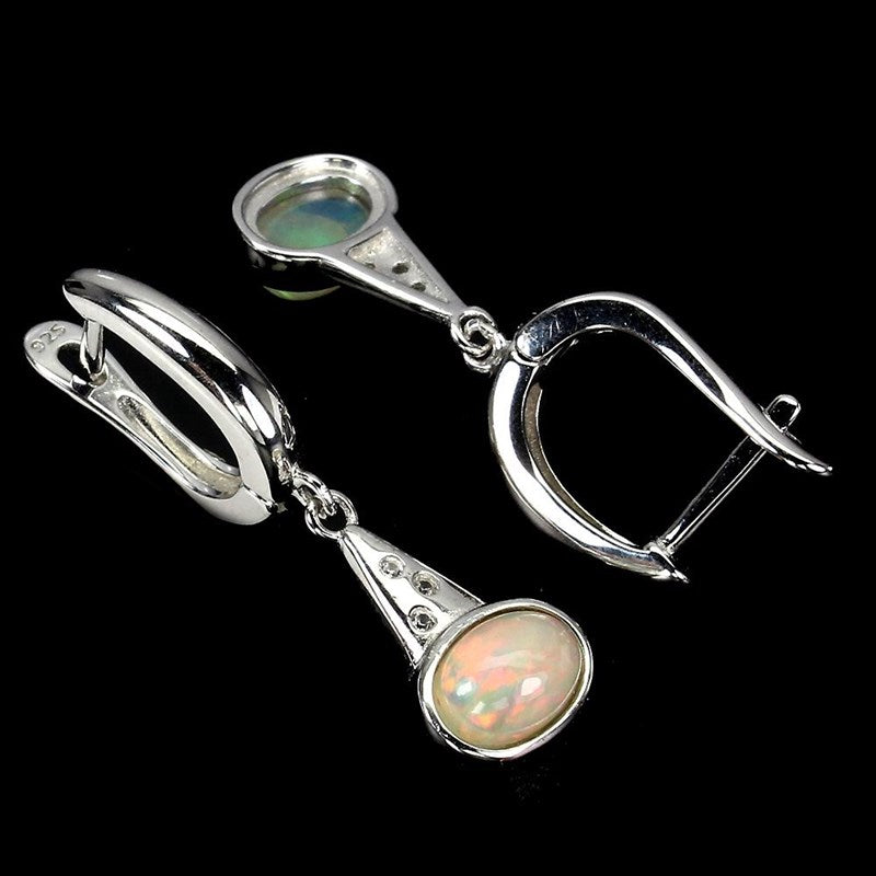 14CT WWHITE GOLD NATURAL RAINBOW FIRE OPAL & WHITE TOPAZ EARRINGS