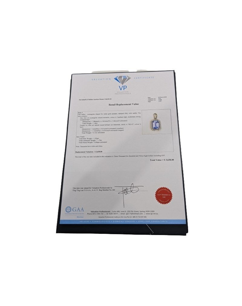 9CT WHITE GOLD DIAMOND & TANZANITE PENDANT