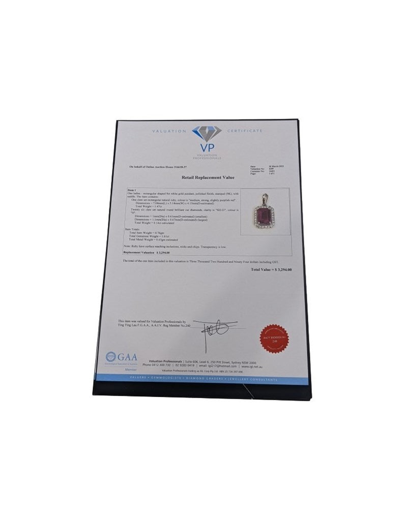 9CT WHITE GOLD DIAMOND & RUBY PENDANT