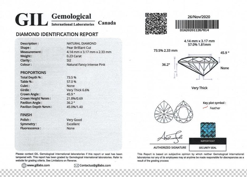 0.23CT CERTIFIED NATURAL FANCY INTENSE PINK DIAMOND