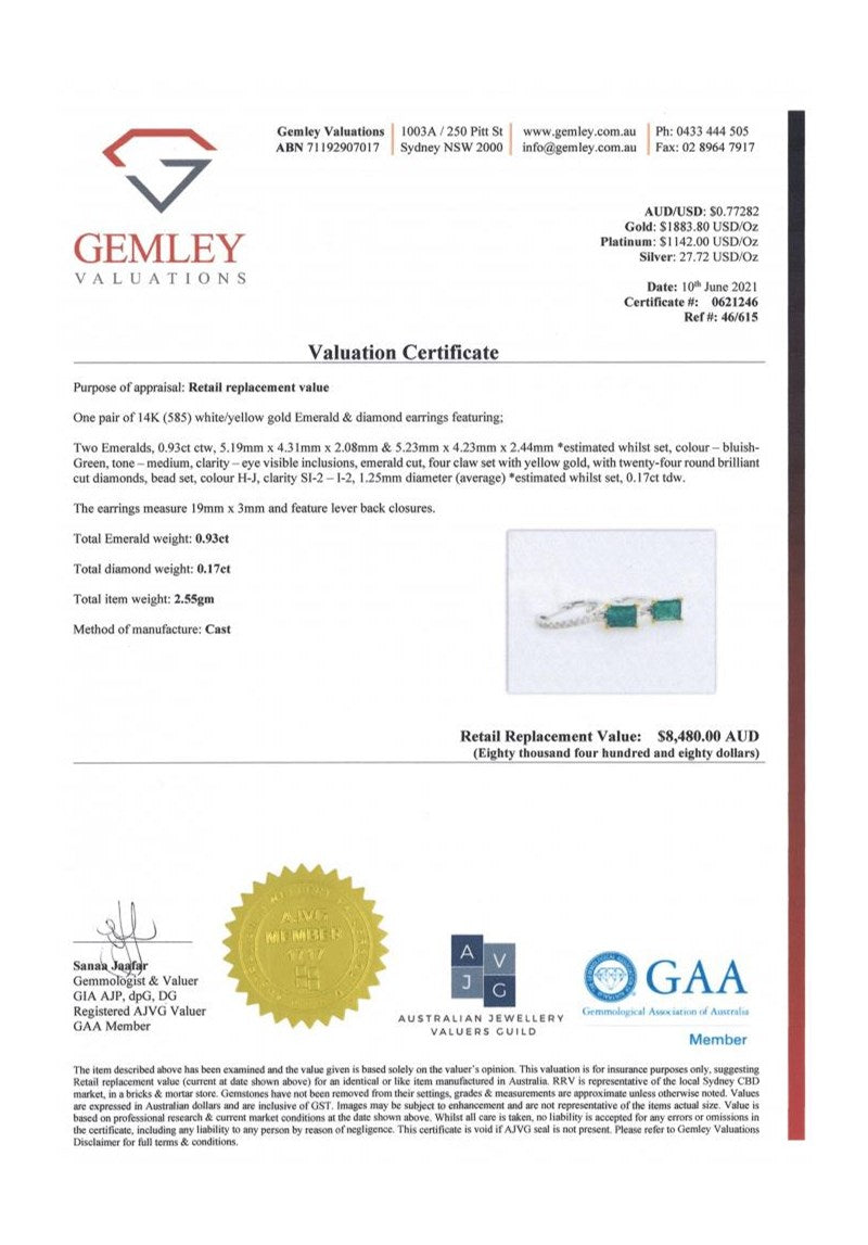 14CT WHITE/YELLOW GOLD, EMERALD & DIAMOND HUGGIE EARRINGS