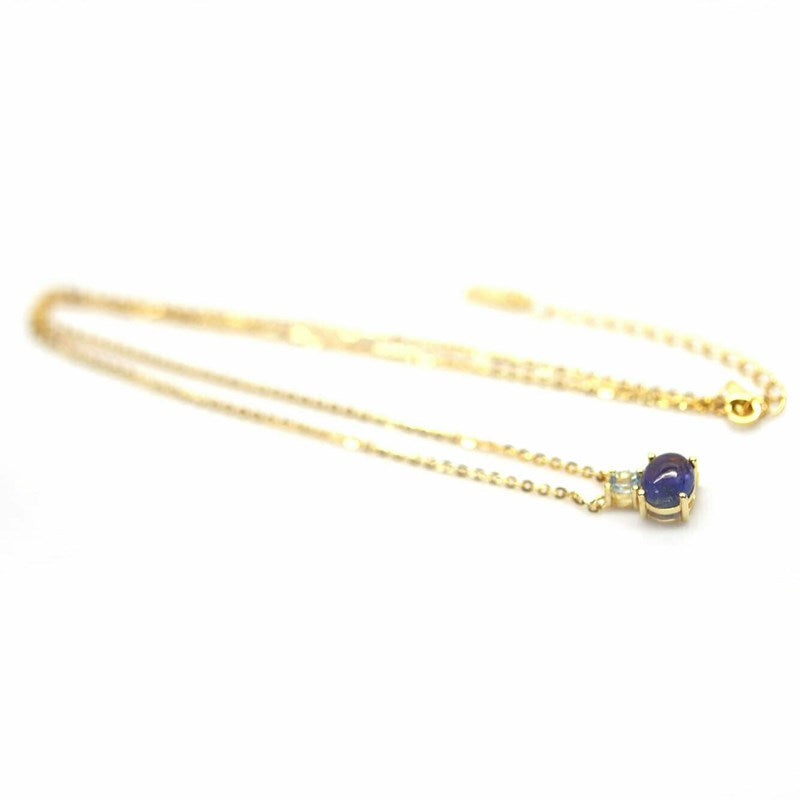 14ct YELLOW GOLD NATURAL TANZANITE & BLUE TOPAZ PENDANT AND CHAIN
