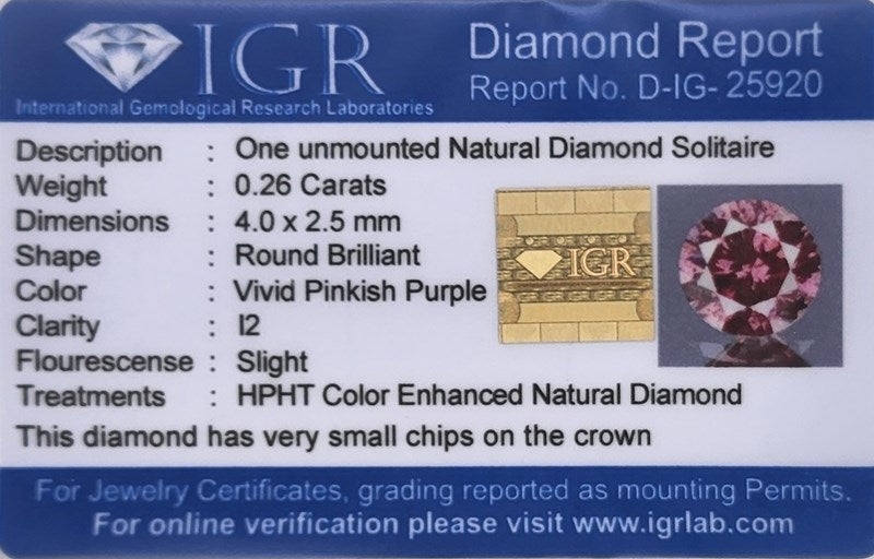 0.26CT CERTIFIED NATURAL VIVID PINKISH PURPLE DIAMOND