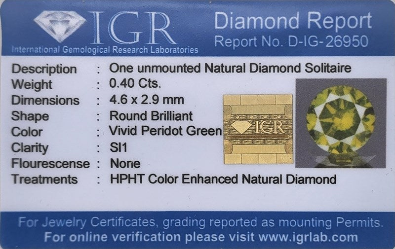 0.40CT NATURAL VIVID PERIDOT GREEN DIAMOND