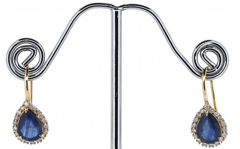 14CT YELLOW GOLD, BLUE SAPPHIRE & DIAMOND, HALO DROP EARRINGS.