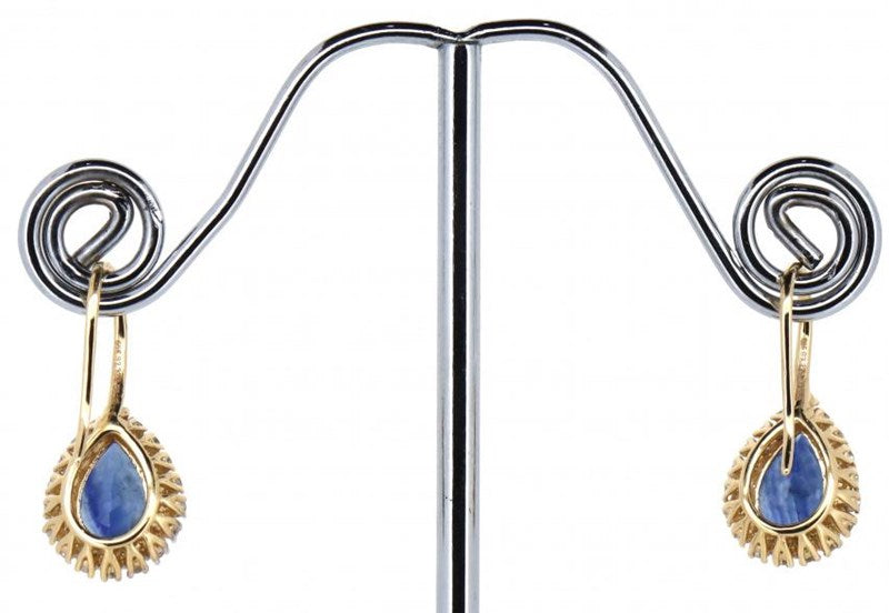 14CT YELLOW GOLD, BLUE SAPPHIRE & DIAMOND, HALO DROP EARRINGS.