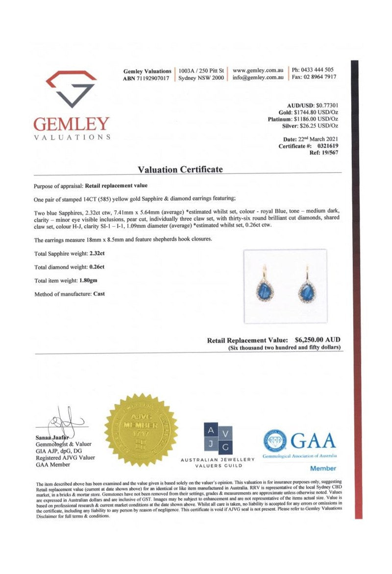 14CT YELLOW GOLD, BLUE SAPPHIRE & DIAMOND, HALO DROP EARRINGS.