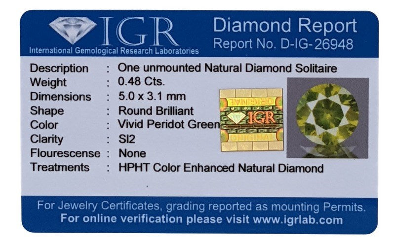 0.48 CARAT CERTIFIED NATURAL GREEN DIAMOND