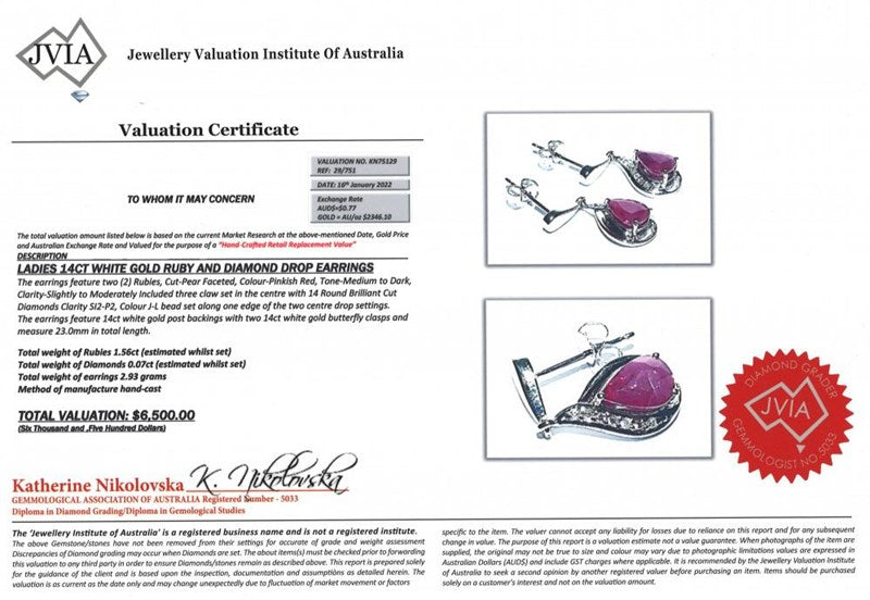 14CT WHITE GOLD, RUBY & DIAMOND, VINTAGE STYLE DROP EARRINGS