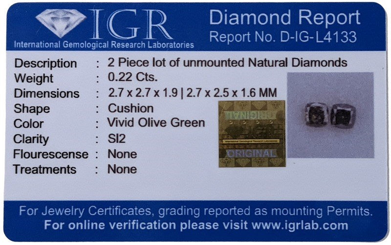 0.22 TCW CERTIFIED VIVID OLIVE GREEN NATURAL DIAMONDS