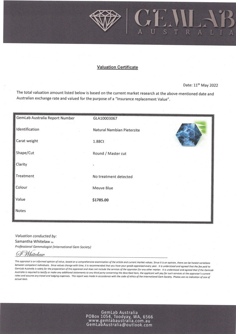 1.88 CARAT MEUVE BLUE NATURAL PIETERSITE