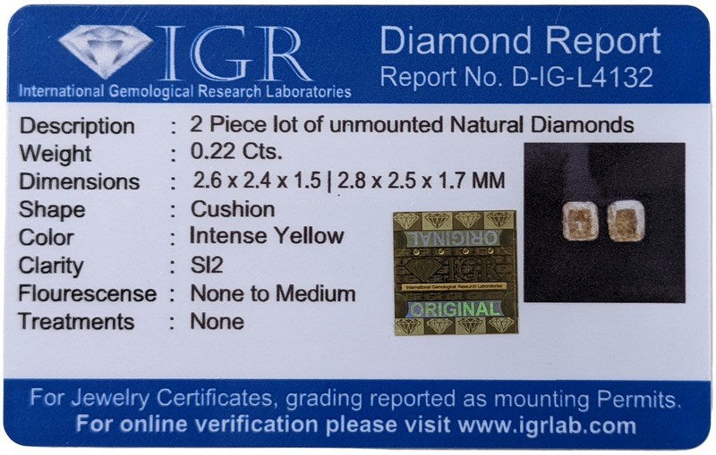 0.22 TCW IGR CERTIFIED INTENSE YELLOW NATURAL DIAMONDS