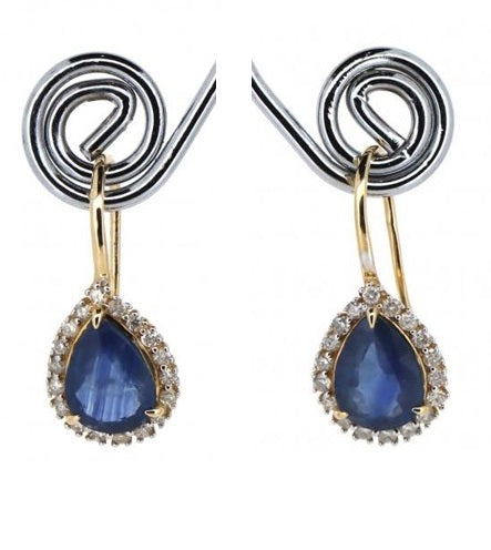 14CT YELLOW GOLD, BLUE SAPPHIRE & DIAMOND, HALO DROP EARRINGS.