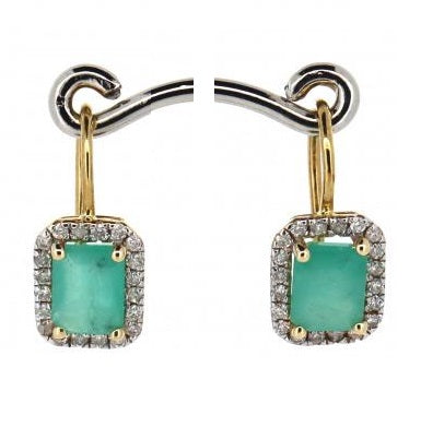 14CT YELLOW GOLD, COLOMBIAN EMERALD & DIAMOND, HALO DROP EARRINGS.