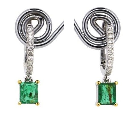 14CT WHITE/YELLOW GOLD, EMERALD & DIAMOND HUGGIE EARRINGS