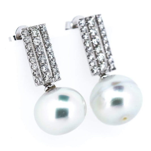 14CT WHITE GOLD PEARL& DIAMOND DROP EARRINGS