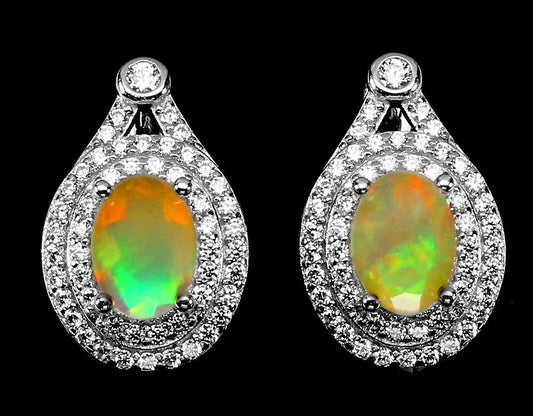 14CT WHITE GOLD, NATURAL RAINBOW FIRE OPAL & WHITE TOPAZ EARRINGS.