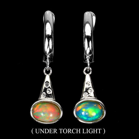 14CT WWHITE GOLD NATURAL RAINBOW FIRE OPAL & WHITE TOPAZ EARRINGS