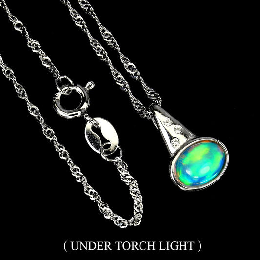 14CT WHITE GOLD NATURAL RAINBOW FIRE OPAL & WHITE TOPAZ PENDANT & CHAIN