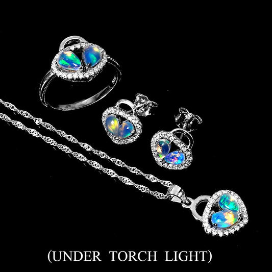 14CT WHITE GOLD NATURAL FIRE OPAL HEART NECKLACE EARRINGS & RING SET.