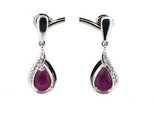 14CT WHITE GOLD, RUBY & DIAMOND, VINTAGE STYLE DROP EARRINGS